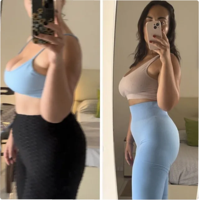Chiara's side profile showing toned core after one month of Pilates