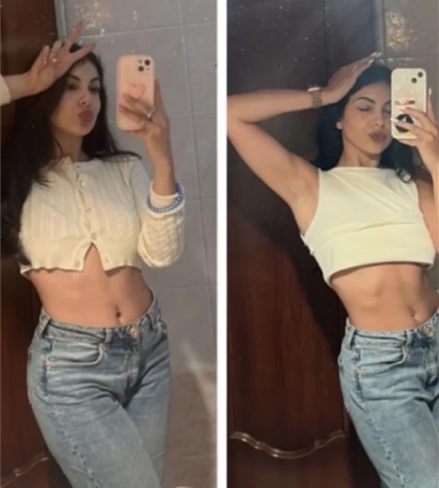 Sandy's mirror selfie showing reduced waist measurements