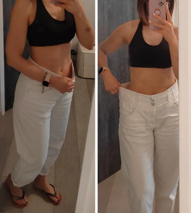 Veronica showing her looser-fitting jeans after Pilates