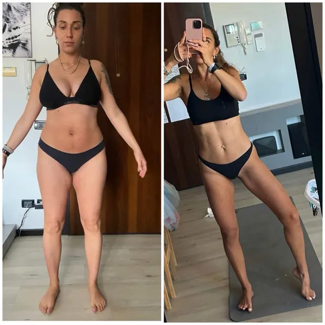 Before-and-after post-pregnancy photo of Carlotta after 9 months of Pilates Linfodrenante