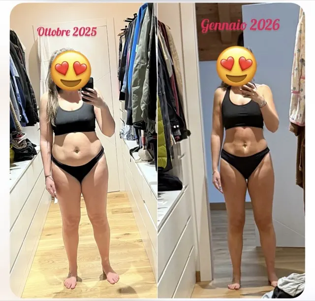 Before-and-after photo of Francesca after 12 weeks of Pilates Linfodrenante