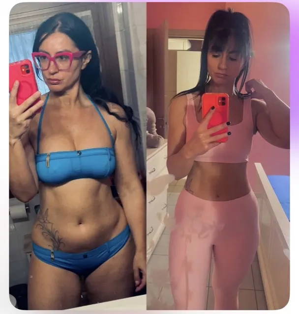 Before-and-after photo of Ilaria after 16 weeks of Pilates Linfodrenante