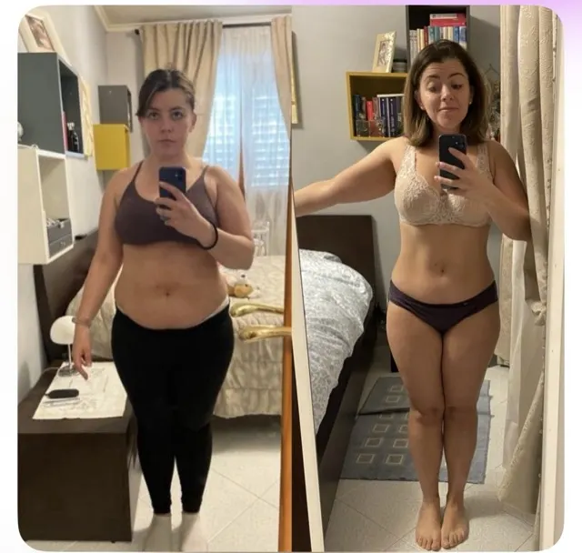 Before-and-after photo of Maria R., who lost 12kg with Pilates Linfodrenante