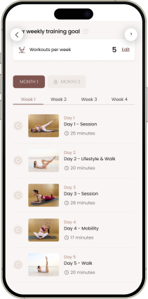 Pilates Linfodrenante® Beginners app weekly training plan featuring Carlotta Gagna's daily workout sessions and schedule