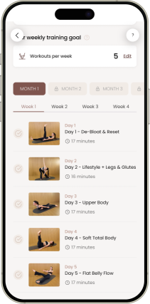 Pilates Linfodrenante® Express app showing Carlotta Gagna's weekly training plan with daily workout sessions