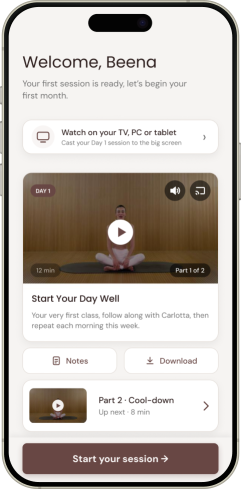 Pilates Linfodrenante® app home screen featuring Carlotta Gagna's first workout session with lesson details and start button