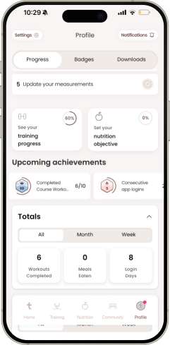 Pilates Linfodrenante® app profile screen showing training progress, achievements, and workout statistics