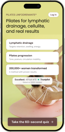 Pilates Linfodrenante® app landing page featuring Carlotta Gagna performing a Pilates exercise on a mat