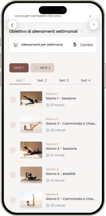 App Pilates Linfodrenante® Principianti con il piano di allenamento settimanale e le sessioni giornaliere di Carlotta Gagna con il relativo calendario