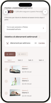 Schermata di panoramica del programma Pilates Diastasi e Post Parto con l'obiettivo di allenamenti settimanali, le schede dei mesi e delle settimane e la programmazione dei primi giorni per ridurre la diastasi addominale e recuperare dopo il parto