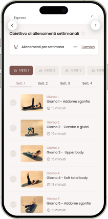 App Pilates Linfodrenante® Express che mostra il piano di allenamento settimanale di Carlotta Gagna con le sessioni giornaliere