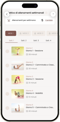 App Pilates Linfodrenante® con il piano di allenamento settimanale e le sessioni giornaliere di Carlotta Gagna e il calendario mensile