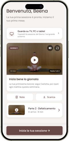 Schermata iniziale dell'app Pilates Linfodrenante® con la prima sessione di allenamento di Carlotta Gagna, i dettagli della lezione e il pulsante di avvio