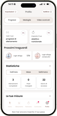 Schermata del profilo dell'app Pilates Linfodrenante® con i progressi di allenamento, i traguardi e le statistiche