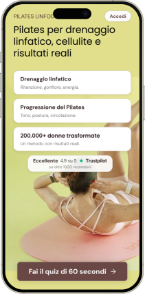 Pagina dell'app Pilates Linfodrenante® con Carlotta Gagna che esegue un esercizio di Pilates su un tappetino