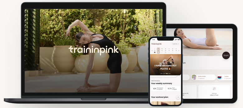 Traininpink app shown on TV, MacBook, iPad and iPhone