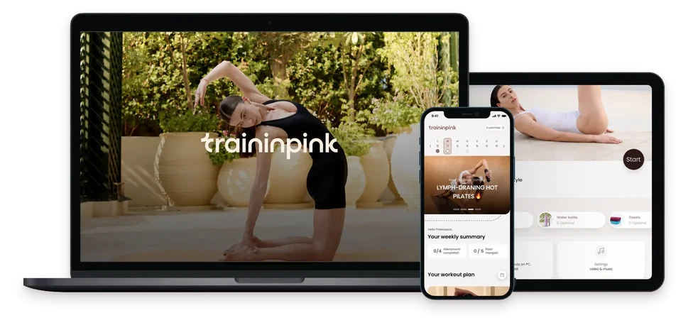 Traininpink Pilates workouts streaming on smart TV for a full lymphatic drainage pilates session at home.